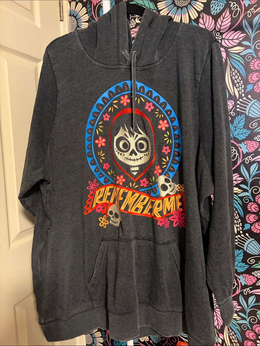 Dark Gray Graphic Hoodie with Colorful Coco Motif